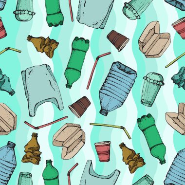 Plastik kirliliği seamless modeli. Vektör çizim elle çizilmiş doodle simgeler koleksiyonu. Çanta, şişe, paket, kirlenme, tek kullanımlık tabak, saman. Geri dönüşüm plastik ürünler. Deniz kirliliği