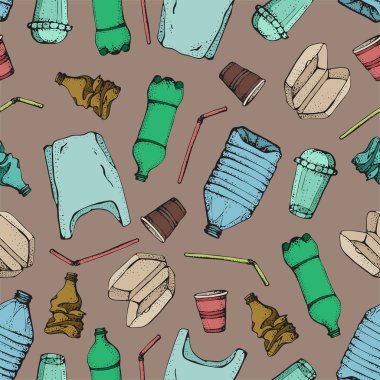 Elle çizilmiş doodle plastik kirliliği seamless modeli. Vektör çizim yarım yamalak semboller koleksiyonu. Çanta, şişe, paket, kirlenme, tek kullanımlık tabak, saman. Geri dönüşüm plastik ürünler.