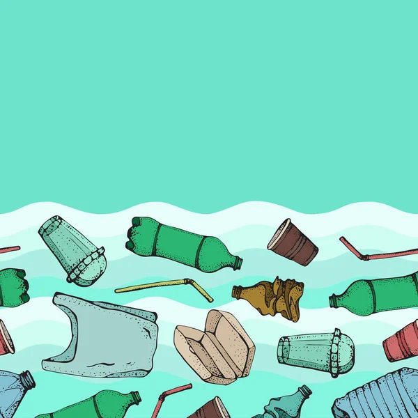 Nahtloses Muster der Plastikverschmutzung. Vektor Illustration handgezeichnete Doodle-Symbolsammlung. Tasche, Flasche, Verpackung, Kontamination, Einwegschale, Stroh. Recycling von Kunststoffprodukten. Meeresverschmutzung — Stockvektor