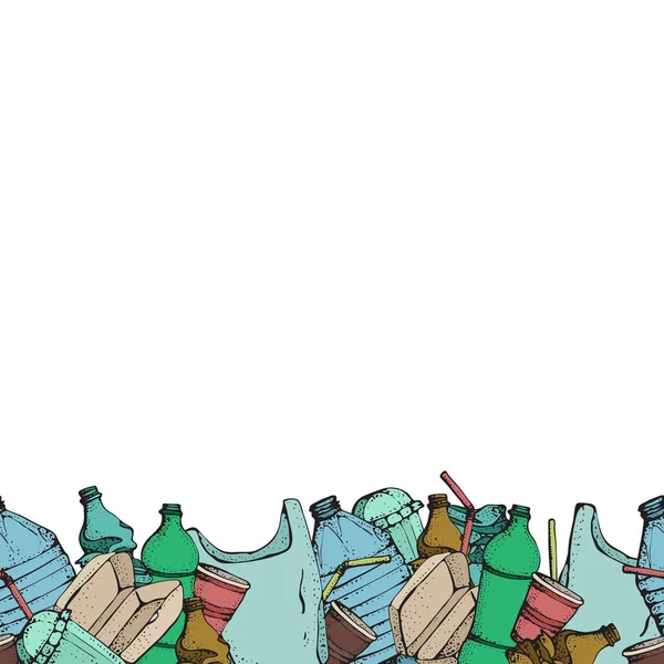 Hand getrokken doodle plastic vervuiling naadloze patroon. Vectorillustratie geïsoleerd op wit. Tas, fles, pakket, verontreiniging, wegwerp schotel, stro. Producten van de kunststof recycling — Stockvector