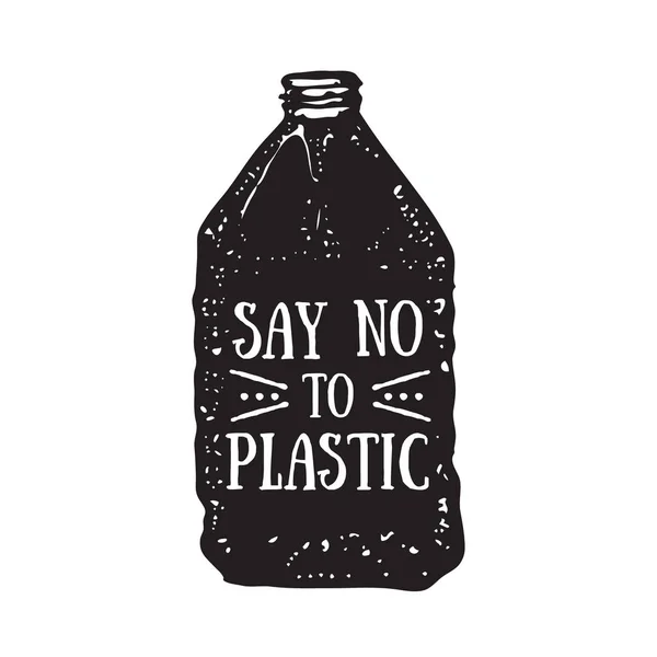 Скажи "нет" пластику. Мотивационная фраза. Ручной рисунок пластиковой бутылки. Bpa и концепция без пластика. Векторная иллюстрация изолирована на белом . — стоковый вектор