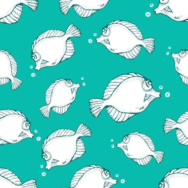 Su altında hayvanlarla sorunsuz vektör desen. El deniz ya da okyanus balık mavi zemin üzerine çekilmiş..