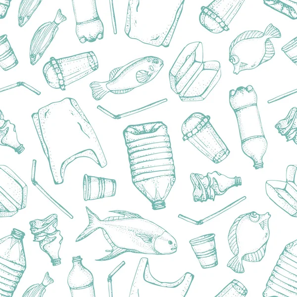 Nahtloses Muster der Meeresverschmutzung. Vektor Illustration handgezeichnete Doodle-Symbolsammlung. Tasche, Flasche, Verpackung, Kontamination, Einweggeschirr, Stroh und Fisch. halten das Meer, plastikfreies Konzept. — Stockvektor