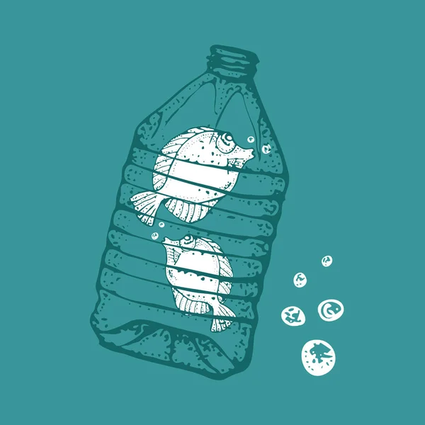 Ilustración del vector de contaminación oceánica. Pescado en una botella de plástico. Cartel ecológico. Mantenga el mar, concepto libre de plástico . — Vector de stock