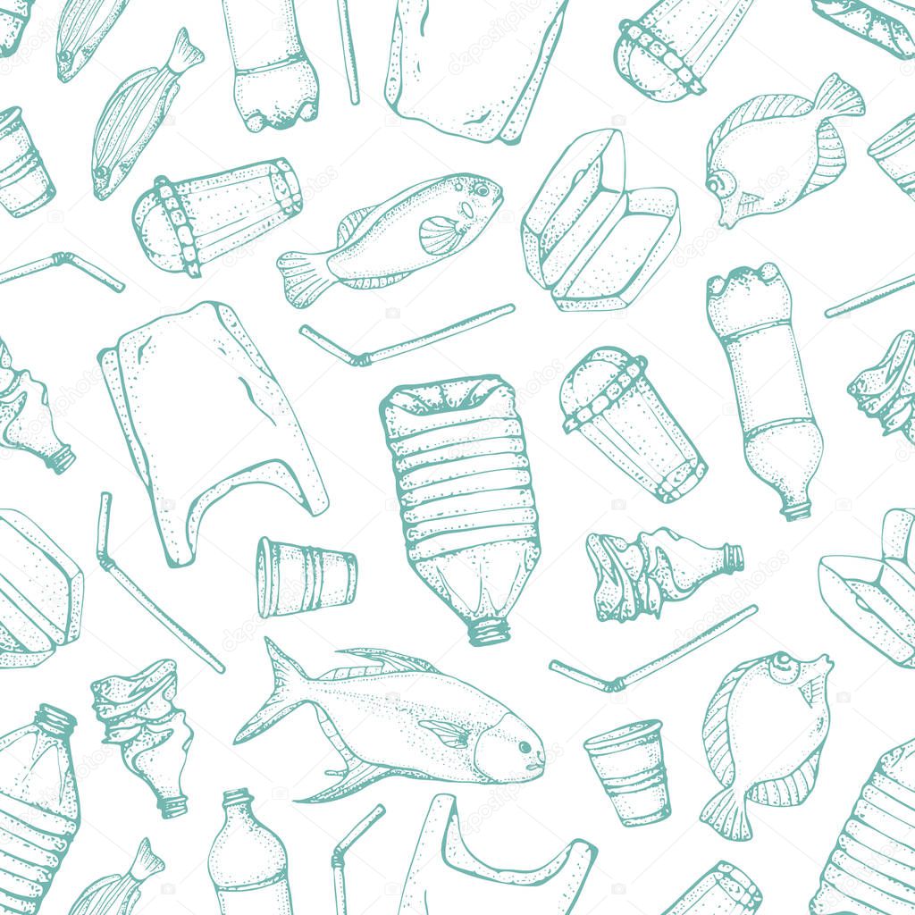 Ocean pollution seamless pattern. Vector illustration Hand drawn doodle symbols collection. Bag, Bottle, Package, Contamination, disposable dish, straw and fish. Keep the sea, plastic free concept.