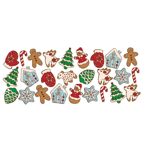 Aantal zelfgemaakte peperkoek kerstkoekjes geïsoleerd op de witte achtergrond. Kerstboom, sneeuwvlok, herten en sneeuwpop. Vectorillustratie voor menu ontwerp, café decoratie, levering box. — Stockvector