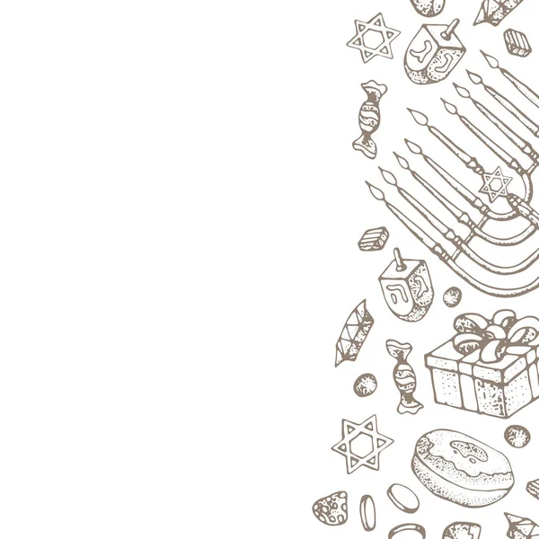 Grußkarte zum jüdischen Feiertag Chanukka. Reihe traditioneller Chanukka-Symbole isoliert auf weiß - Dreidels, Bonbons, Donuts, Menorah-Kerzen, Sterne david glühende Lichter. Doodle-Vektor-Vorlage. — Stockvektor