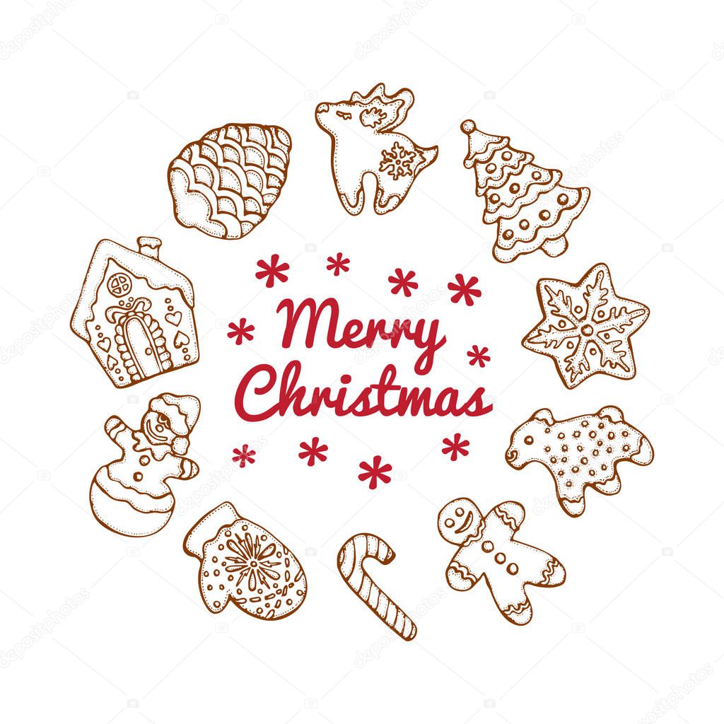 Set of christmas homemade gingerbread cookies isolated on the white background. Christmas tree, snowflake, deer and snowman.  Vector illustration  for menu design, cafe decoration, delivery box. 