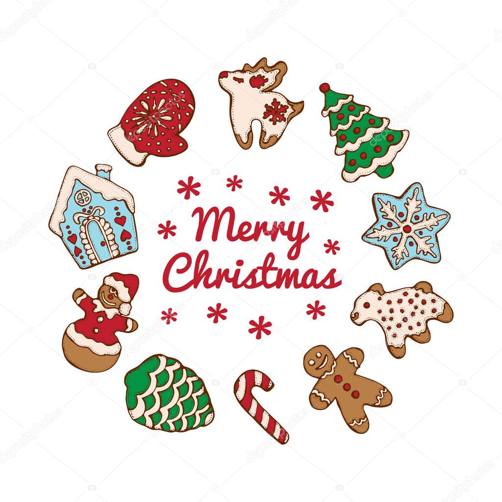 Set of christmas homemade gingerbread cookies isolated on the white background. Christmas tree, snowflake, deer and snowman.  Vector illustration  for menu design, cafe decoration, delivery box. 