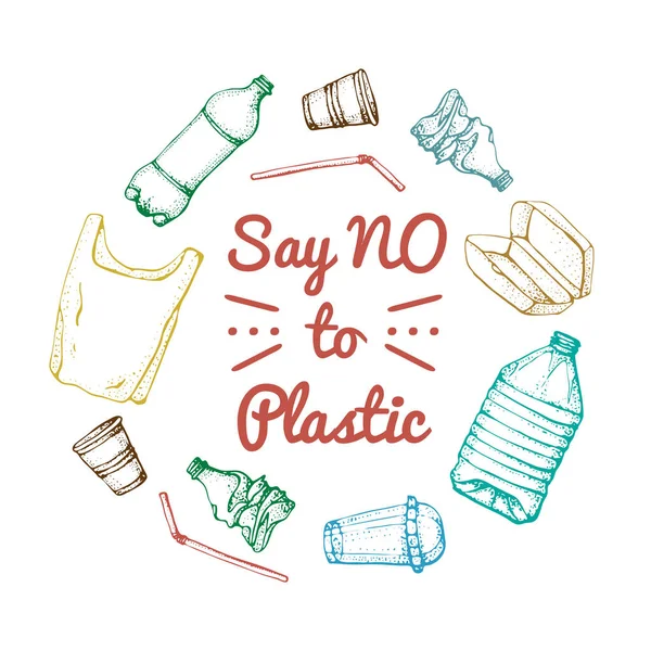 Hayır Plastik bir şey. Motivasyonel ifade. Elle çizilmiş doodle plastik kirliliği simgeler kümesi. Vektör çizim yarım yamalak semboller koleksiyonu. Çanta, şişe, paket, kirlenme, tek kullanımlık tabak, saman