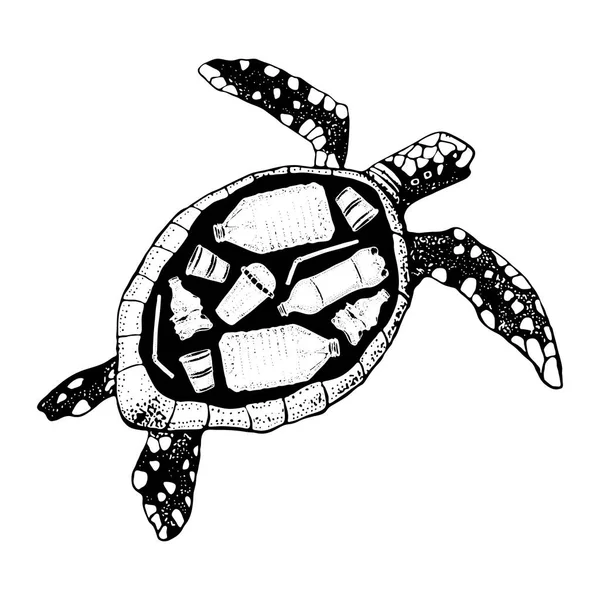 Tengeri szennyezés vektoros illusztráció. Szemét egy teknős ökológiai plakát. Kézzel rajzolt műanyag szemetet: üveg, csomag, szennyeződés, eldobható étel, szalma. Tartsa a tenger, a műanyag szabad fogalma. — Stock Vector