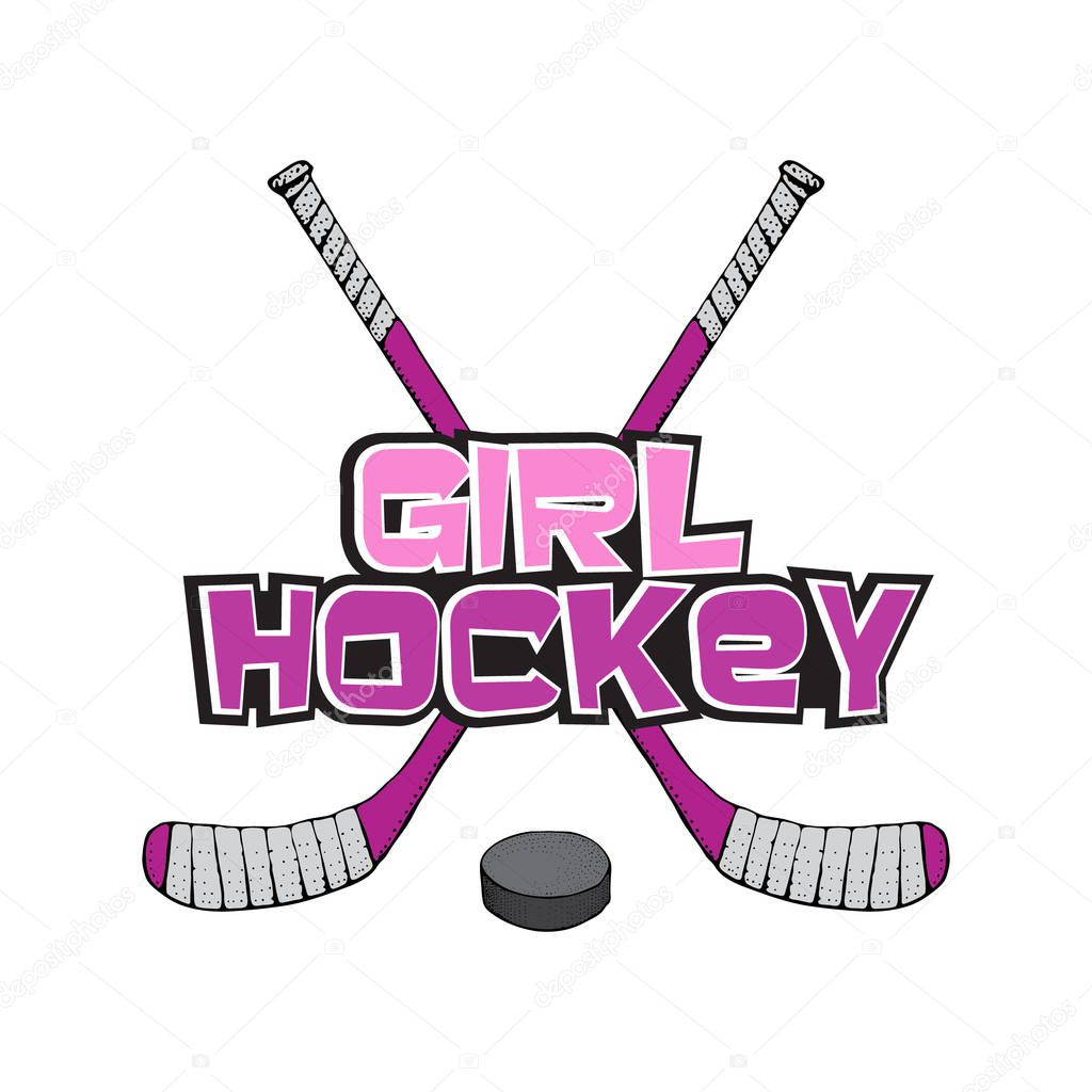 Pink Ice Hockey stick with puck. Hockey girl lettering. Sports Vector illustration isolated on white background. Ice hockey sports equipment. Hand drawn stick in cartoon style.