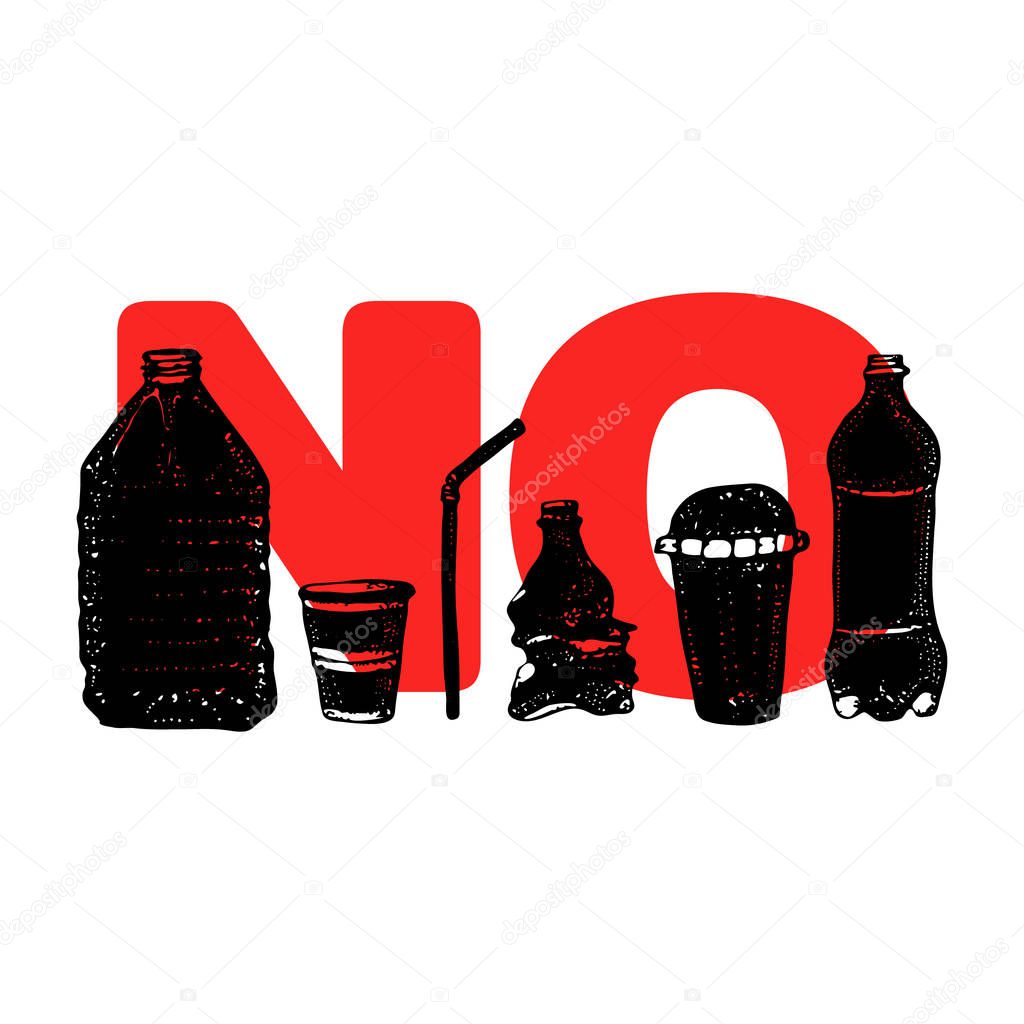 Say no to plastic. Plastic pollution poster. Sketchy symbols collection. Bottle, Package, Contamination, cofee cup, straw. Bpa and plastic free concept. Vector illustration isolated on white.
