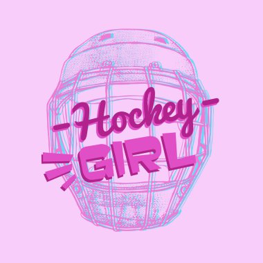 Vektör hokey kız yazı. Açık pembe renkli kadın için maske ile izole pembe hokey kask. Buz hokeyi spor malzemeleri. El kroki tarzı çizilmiş kask. 