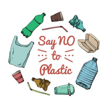 Hayır Plastik bir şey. Motivasyonel ifade. Elle çizilmiş doodle plastik kirliliği simgeler kümesi. Vektör çizim yarım yamalak semboller koleksiyonu. Çanta, şişe, paket, kirlenme, tek kullanımlık tabak, saman