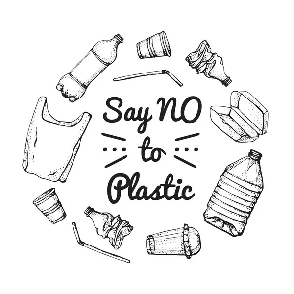 Say no to plastic. Motivational phrase. Hand drawn doodle plastic pollution icons set. Vector illustration sketchy symbols collection. Bag, Bottle, Package, Contamination, disposable dish, straw — Stock Vector