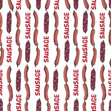 Sosis ile Dikişsiz desen. Gıda. Bej arka planda el çizilmiş et ürünleri: füme sosis, salam, frankfurters. Tekstil, kumaş, Restoran, et dükkanı için arka plan.