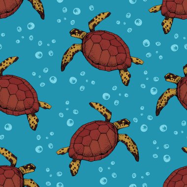 El çizilmiş deniz kaplumbağaları ile Dikişsiz desen. Vektör hayvan sualtı ile. Duvar kağıdı, Web sayfası arka plan, yüzey dokular, Tekstil için illüstrasyon