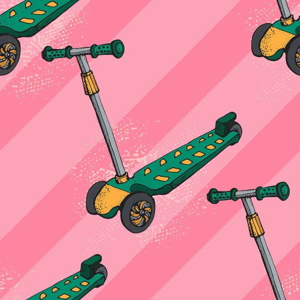 Lindo scooter pequeño para los niños patrón sin costuras. Veta de tres ruedas — Vector de stock