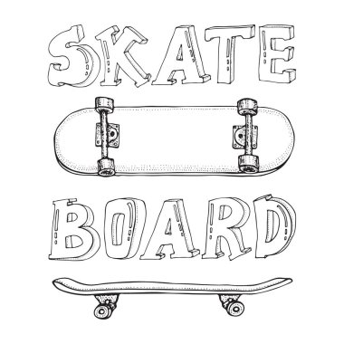 Beyaz üzerine izole kaykayseti. Doodle Longboard, pennyboard. Elle çizilmiş vektör illüstrasyonu.