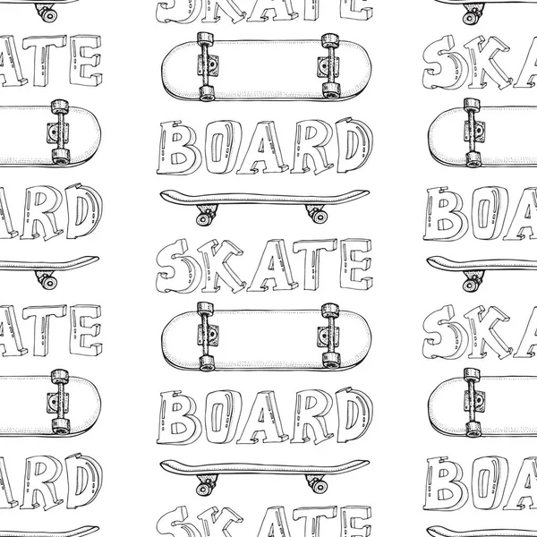 スケートボードシームレスなパターン。落書きロングボード、ペニーボード。手描きベクトル背景. — ストックベクタ