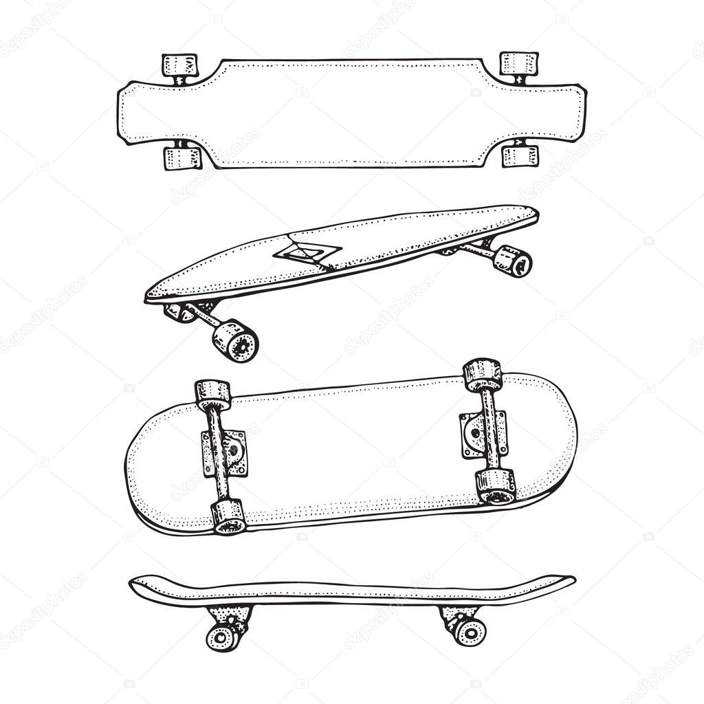 Set of skateboards isolated on white. Doodle Longboard, pennyboard. Hand drawn vector illustration.