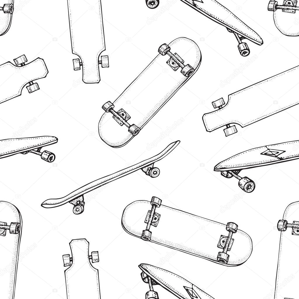 Skateboards seamless pattern. Doodle Longboard, pennyboard. Hand drawn vector background. 