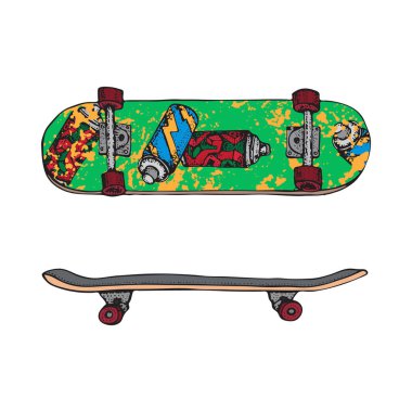 Beyaz üzerine izole kaykayseti. Doodle Longboard, pennyboard. Poster, t-shirt, tekstil için el çizilmiş vektör illüstrasyon