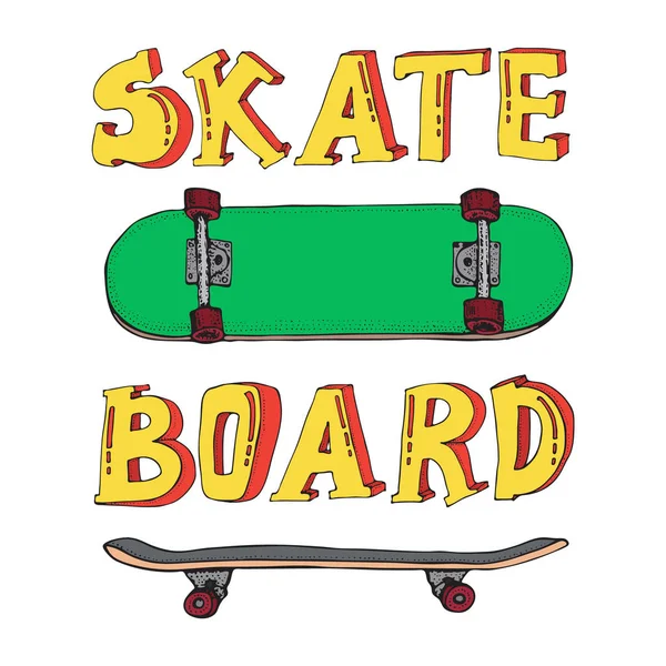 Conjunto de skates isolados em branco. Doodle Longboard, pennyboard. Letras de skate. Ilustração vetorial desenhada à mão para cartaz, camiseta, têxtil — Vetor de Stock