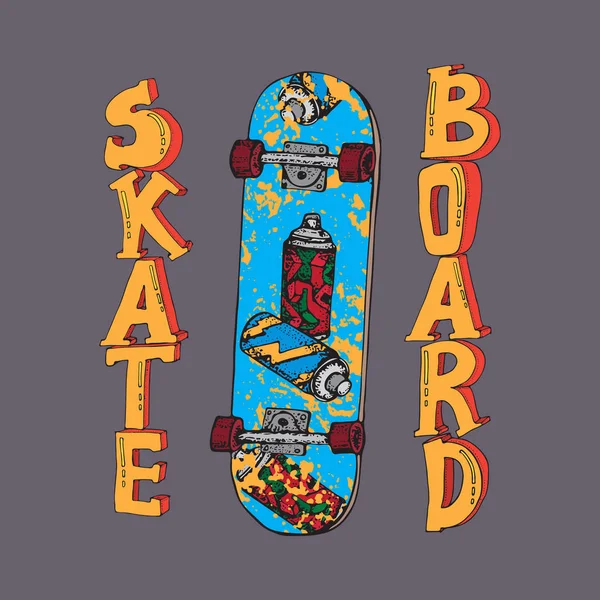 Skate desenhado à mão ilustração vetorial. Doodle Longboard, pennyboard. Letras de skate. Para poster, t-shirt, têxtil —  Vetores de Stock