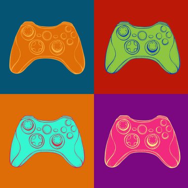 Gamepad joystick oyun kontrol örüntüsü. Pop art retro çizgi roman tarzı renkli arka plan. Tipografi, t-shirt, grafik için el çizilmiş vektör