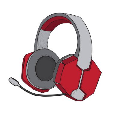 Müzik ve video oyunları için mikrofonlu kırmızı kulaklıklar beyaz aferin. Karikatür tarzı illüstrasyon tipografi, t-shirt, grafik için el çizilmiş vektör.