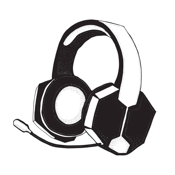 Cuffie con microfono per musica e videogiochi isolate su bianco. Doodle stile illustrazione disegnato a mano vettore silhouette per tipografia, t-shirt, grafica — Vettoriale Stock