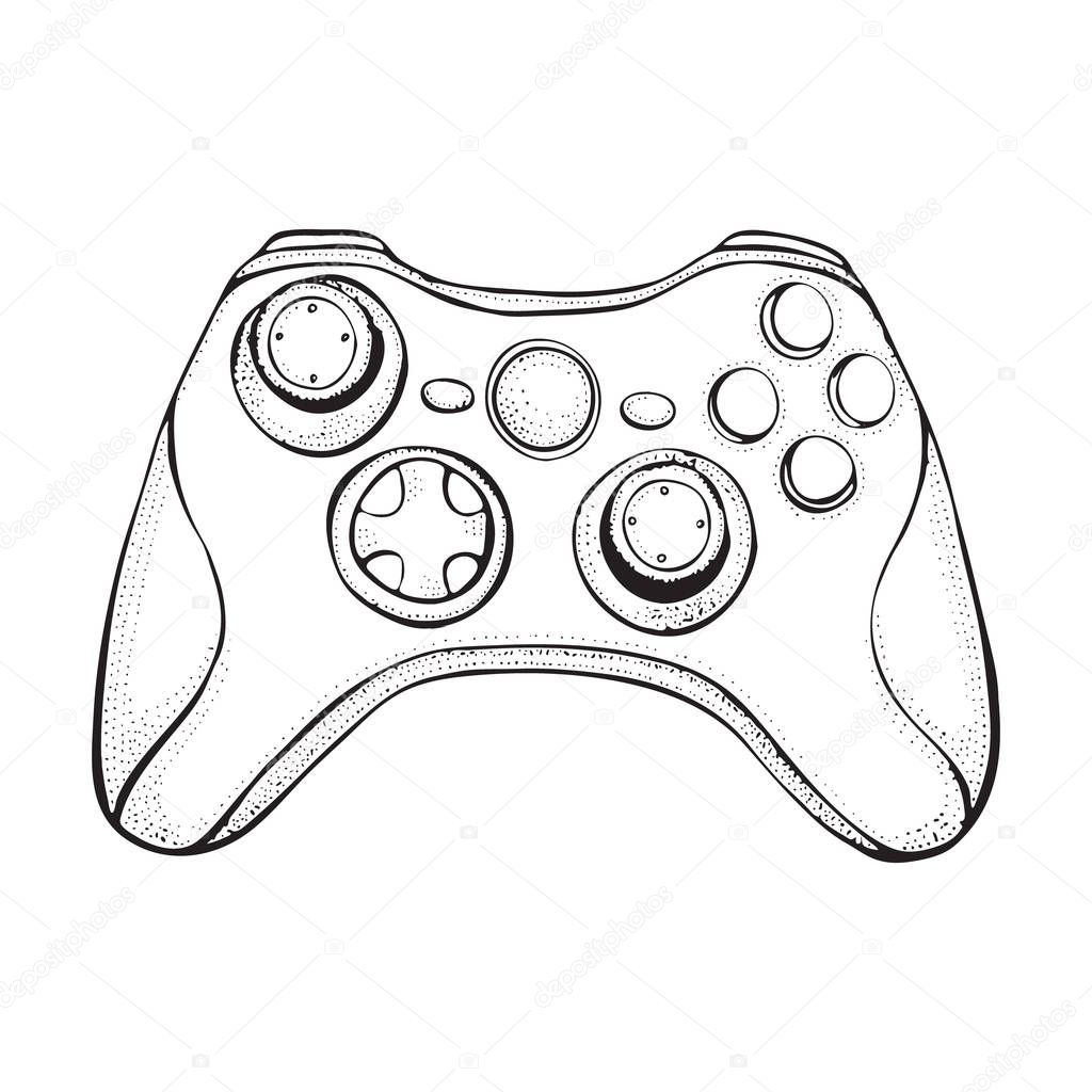 Gamepad joystick game controller isolated on white. Doodle style sketch illustration hand drawn vector for typography, t-shirt, graphics 