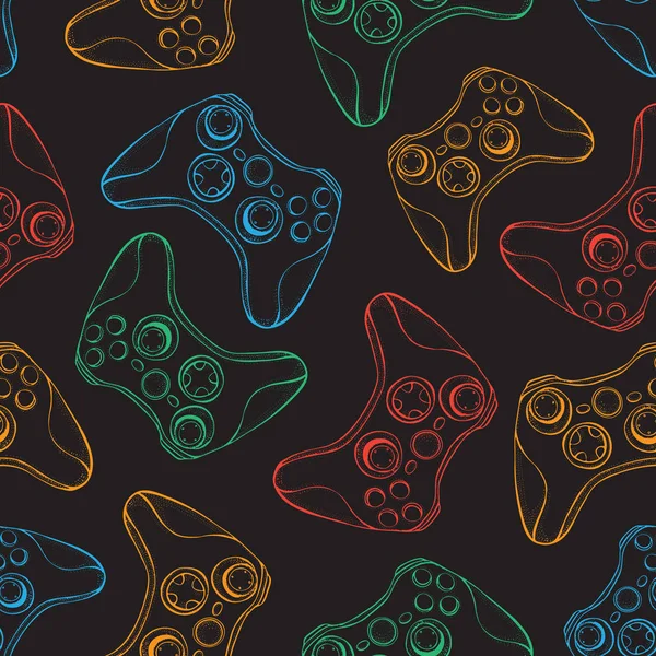 Gamepad joystick oyun denetleyicisi sorunsuz desen. Video oyunları, espor, siyah arka plan üzerinde oyun için cihazlar. Çizim stilinde el çizimi vektörü