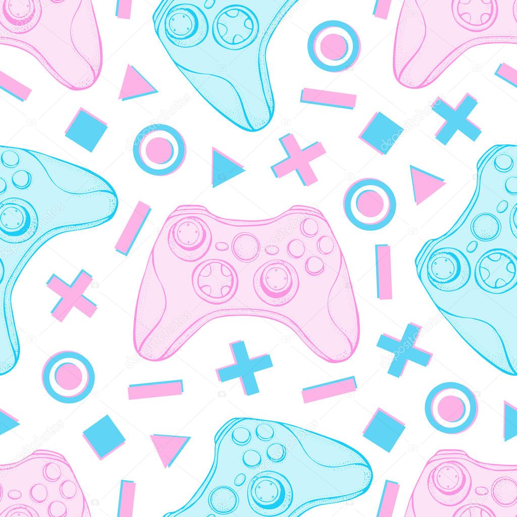 Gamepad joystick game controller seamless pattern. Devices for video games, esports, gamer on white background.  Hand drawn vector in sketch style