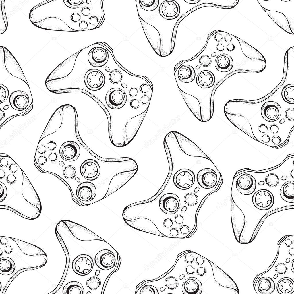 Gamepad joystick game controller seamless pattern. Devices for video games, esports, gamer isolated on white.  Hand drawn vector background in sketch style.