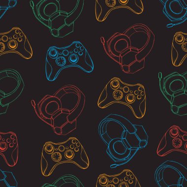 Gamepad joystick oyun kumandası ve mikrofon kesintisiz desenli Kulaklıklar. Video oyunları, espor, oyun ve streemer için cihazlar. Siyah arka planda elle çizilmiş nesneler