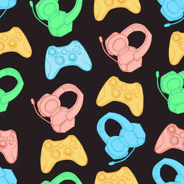 Gamepad joystick oyun kumandası ve mikrofon kesintisiz desenli Kulaklıklar. Video oyunları, espor, oyun ve streemer için cihazlar. Siyah arka planda elle çizilmiş nesneler