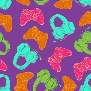 Gamepad joystick oyun kumandası ve mikrofon kesintisiz desenli Kulaklıklar. Video oyunları, esports, oyun için el çizilmiş cihazlar. Pop art retro çizgi roman tarzı renkli arka plan