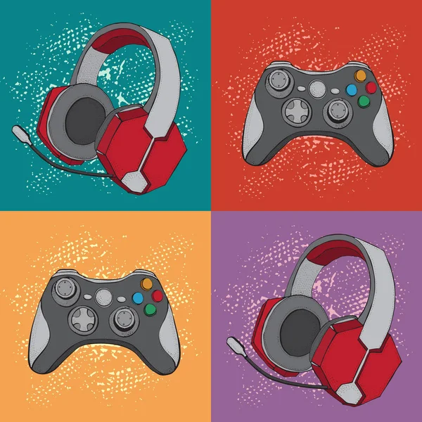 Controlador de joystick jogo Gamepad e fones de ouvido com microfone. Dispositivos para jogos de vídeo, esports, gamer. Padrão desenhado à mão. Fundo colorido em estilo cômico retro pop art . — Vetor de Stock