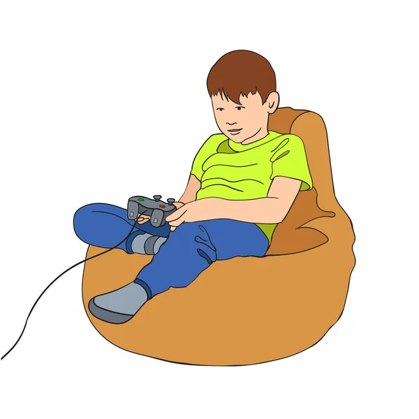 Um rapazinho a jogar videojogo. Criança sentada em uma cadeira de saco de feijão com controle de joystick game. Vetor desenho animado gamer ilustração . — Vetor de Stock