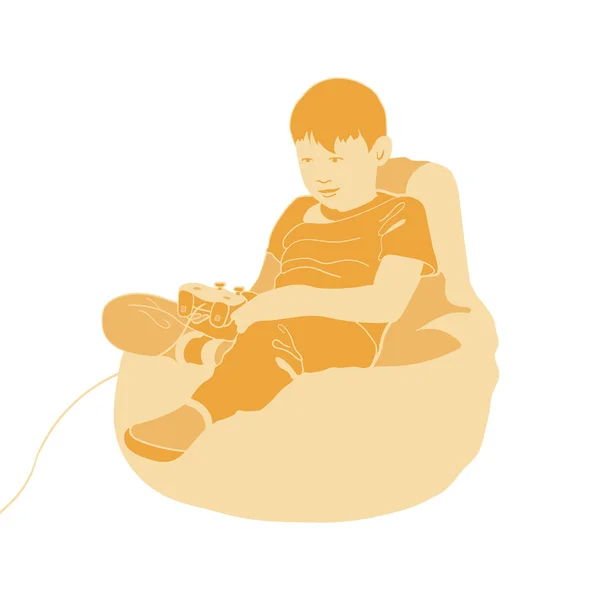 Pequeño personaje de niño jugando videojuego. Niño sentado en una silla beanbag con controlador de juego de joystick. Vector de dibujos animados gamer ilustración en colores naranjas — Vector de stock