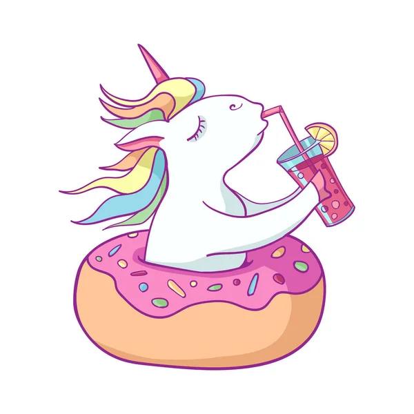 Donut yüzme yüzüğü üzerinde sevimli Unicorn. Yaz zamanı. Sihirli Unicorn bir kokteyl içiyor. Karikatür düz stil illüstrasyon. Baskı için şablon, sticker, doku, duvar kağıdı, kartpostal