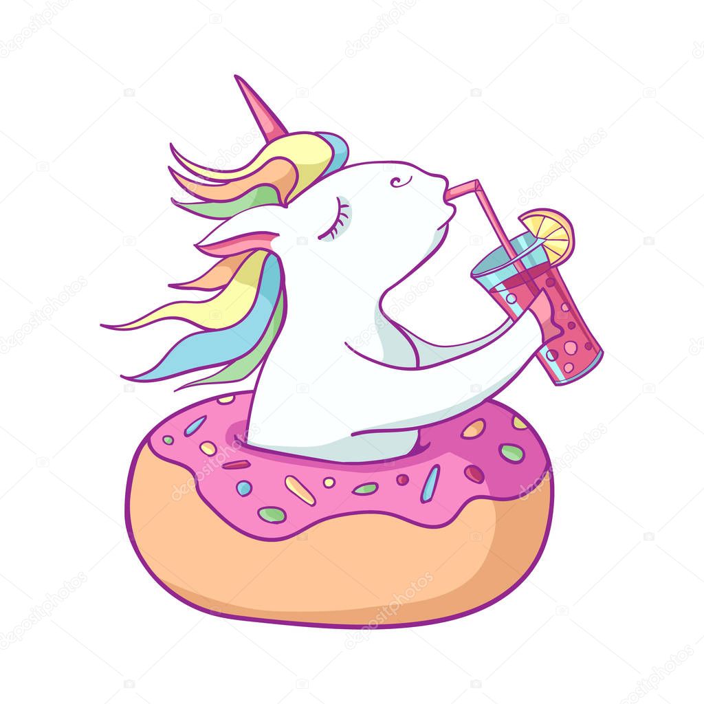 Cute unicorn on donut swimming ring. Summer time. Magic unicorn drinking a cocktail . Cartoon flat style illustration. Template for printing, sticker, texture, wallpaper, postcard