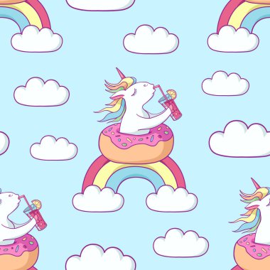 Donut yüzme halkası dikişsiz desen sevimli tek boynuzlu at. Sihirli tek boynuzlu at gökkuşağı üzerinde bir kokteyl içme . Karikatür düz stil illüstrasyon. Baskı, etiket, doku, duvar kağıdı, kartpostal şablonu.