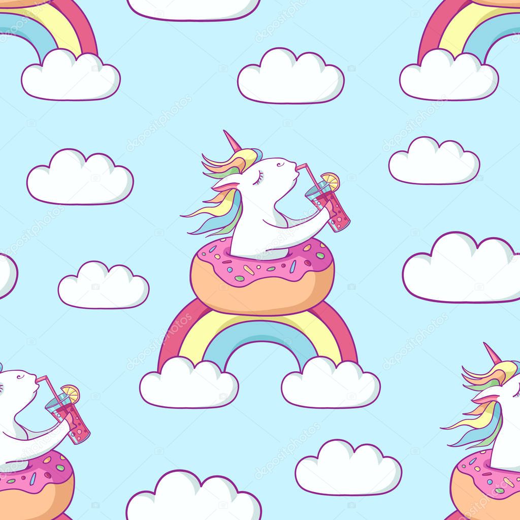 Cute unicorn on donut swimming ring seamless pattern. Magic unicorn drinking a cocktail on rainbow . Cartoon flat style illustration. Template for printing, sticker, texture, wallpaper, postcard.