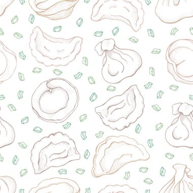 Baharat ile köfte Dikişsiz deseni. Mantı. Vareniki. Pelmeni. Gıda. Yemek. Ulusal yemekler. Hamur ve etten ürünler. Çizim el arka plan çizilmiş. Restoran Menüsü için