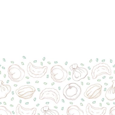 Baharat ile köfte dikişsiz sınır. Mantı. Vareniki, ne kadar. Pelmeni, ne? Gıda. Yemek. Ulusal yemekler. Hamur ve et ürünleri. Çizim el çizilmiş arka plan. Restoran menüsü için desen