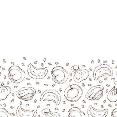 Baharat ile köfte dikişsiz sınır. Mantı. Vareniki, ne kadar. Pelmeni, ne? Gıda. Yemek. Ulusal yemekler. Hamur ve et ürünleri. Çizim el çizilmiş arka plan. Restoran menüsü için desen